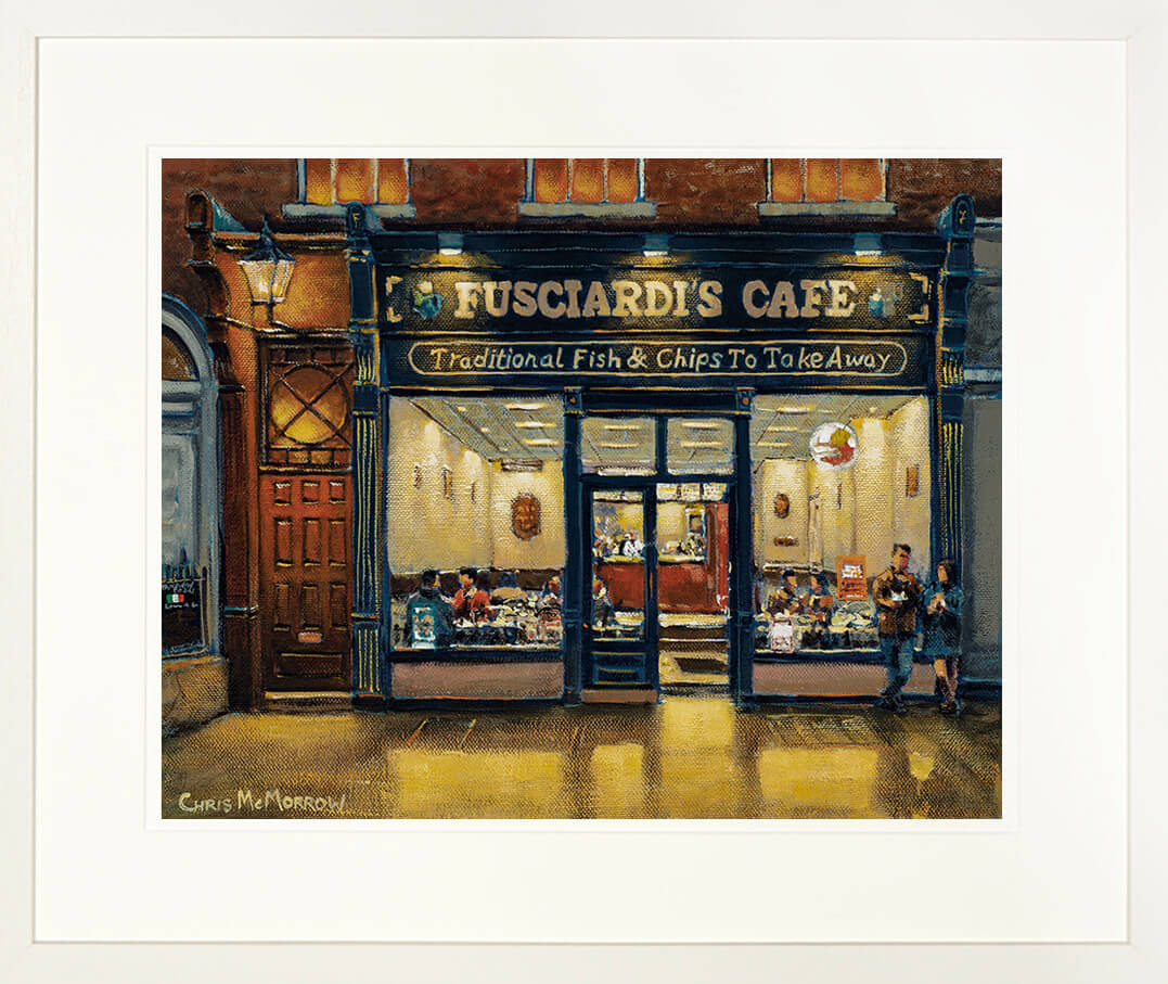 A framed print of Fusciardi&#39;s Italian cafe, Dublin city