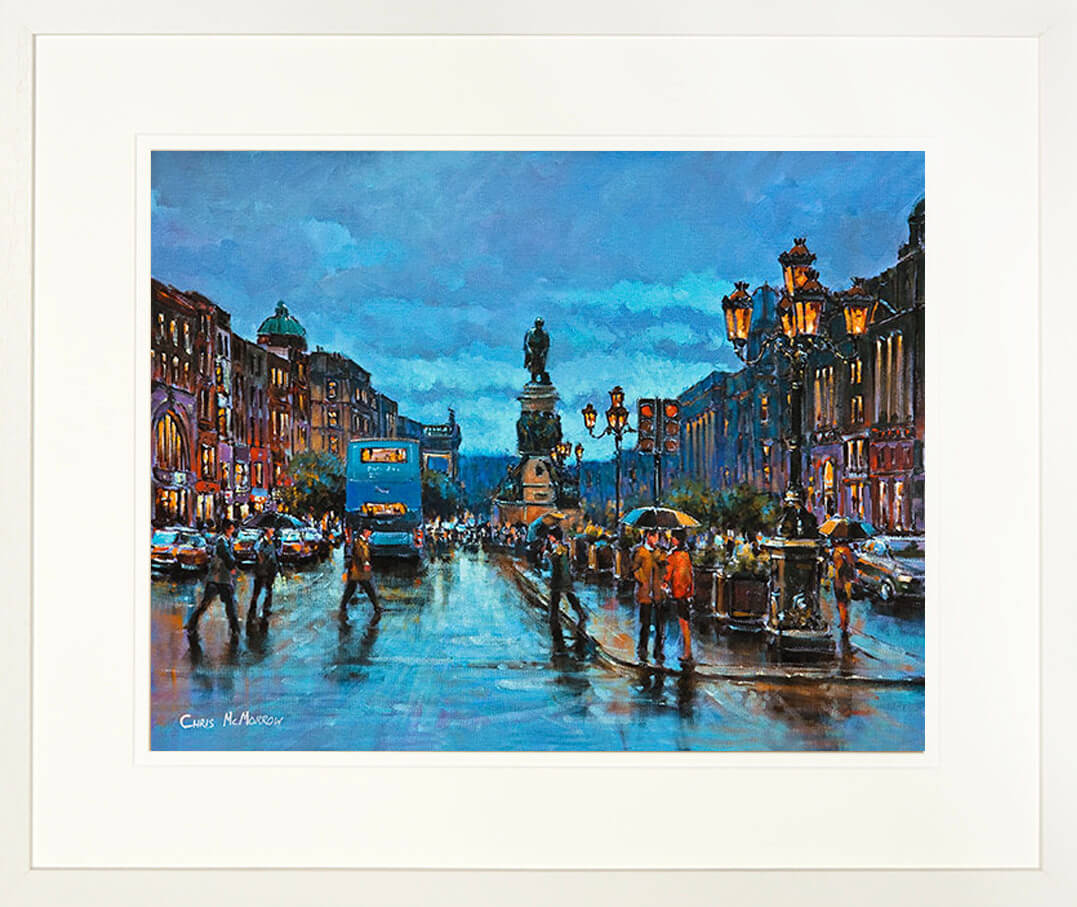 A framed print of a painting of two people meeting under the Daniel O&#39;Connell Statue on Dublin&#39;s Main Street