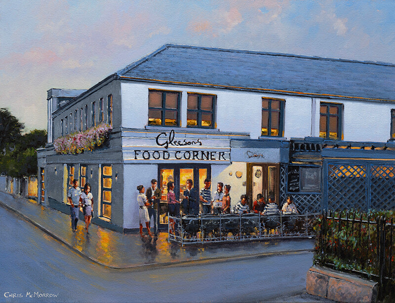 A painting of a corner view Gleesons Townhouse, Booterstown