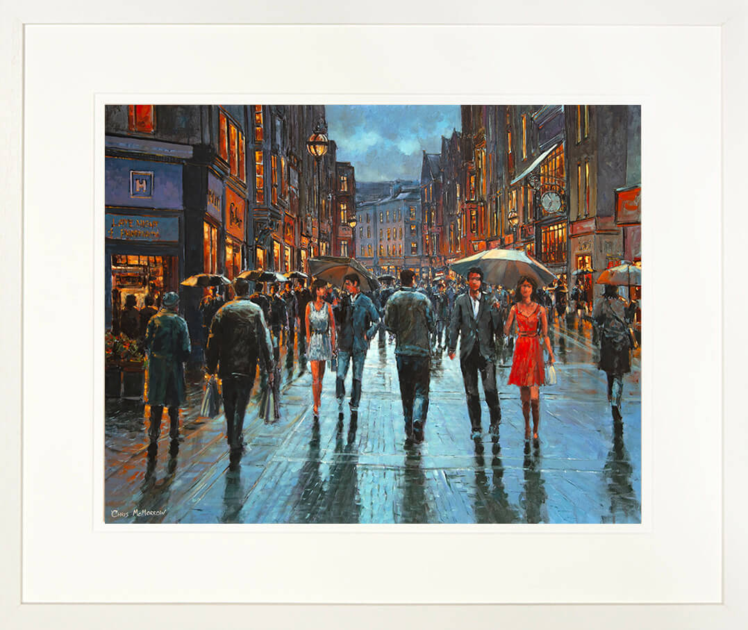 Framed print of a painting of a busy Grafton Street on a damp early evening in the city