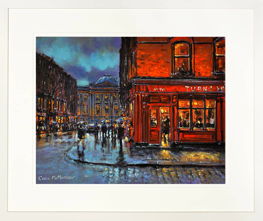 A framed print of a painting of the pub called the Turks Head on Essex Street, Dublin