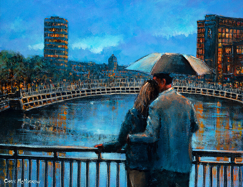 A painting of a pair of lovers on a bridge over the River LIffey