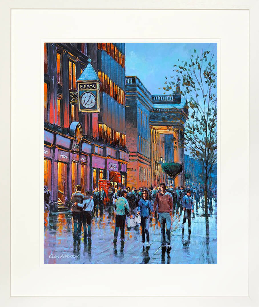 A framed print of a painting of people meeting under Eason&#39;s Clock in O&#39;Connell Street, Dublin