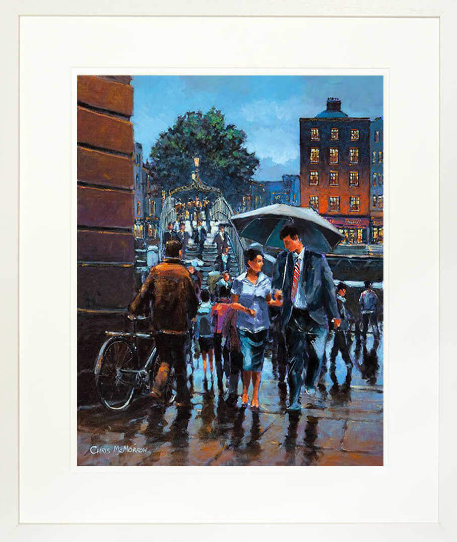 A framed print of a painting of a crowd hurrying about under Merchants Arch in Dublin city
