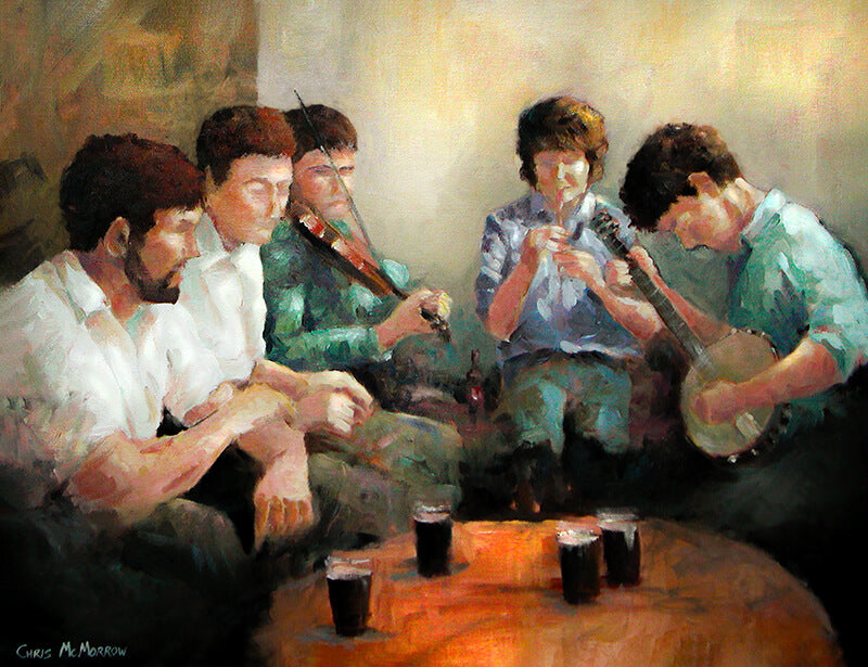 A print of a painting of Five people in the corner of a bar singing and playing Irish music