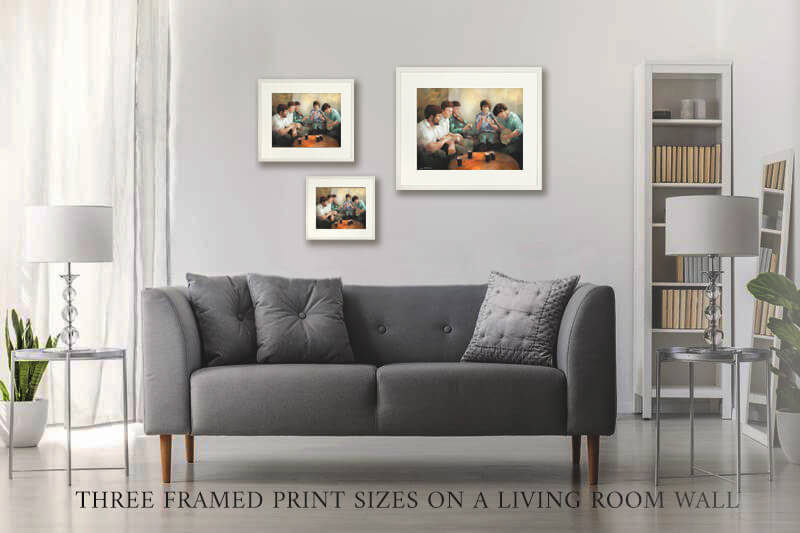 Three framed prints of a painting of Irish musicians on a living room wall