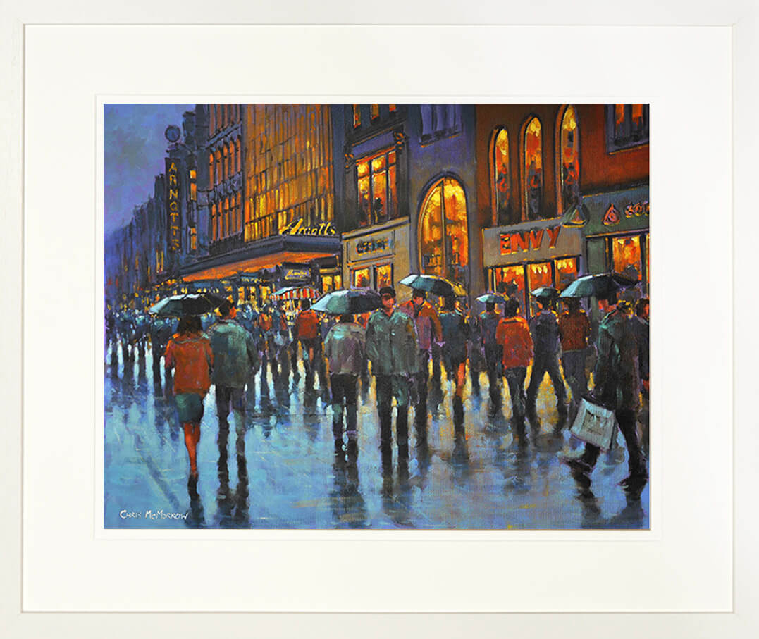 Print of a painting of Henry Street, Dublin thronged with people on a busy late winter afternoon