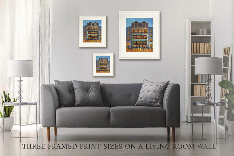 PHOTO OF THE THREE PRINT SIZES of Bewleys Cafe, Dublin ON A LIVING ROOM WALL