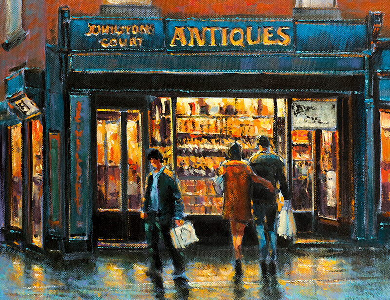 PAinting of Johnstones Antique Shop on the corner of Clarendon Street, Dublin