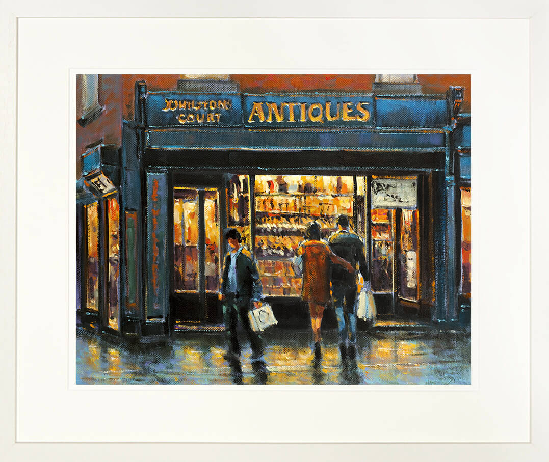 Print of the painting of an antique shop on Johnsons Court, Dublin