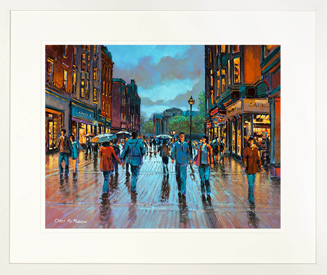 A framed print of a painting of a crowd of shoppers on Dublin&#39;s Grafton Street
