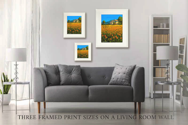 Three framed sunflower paintings on a wall