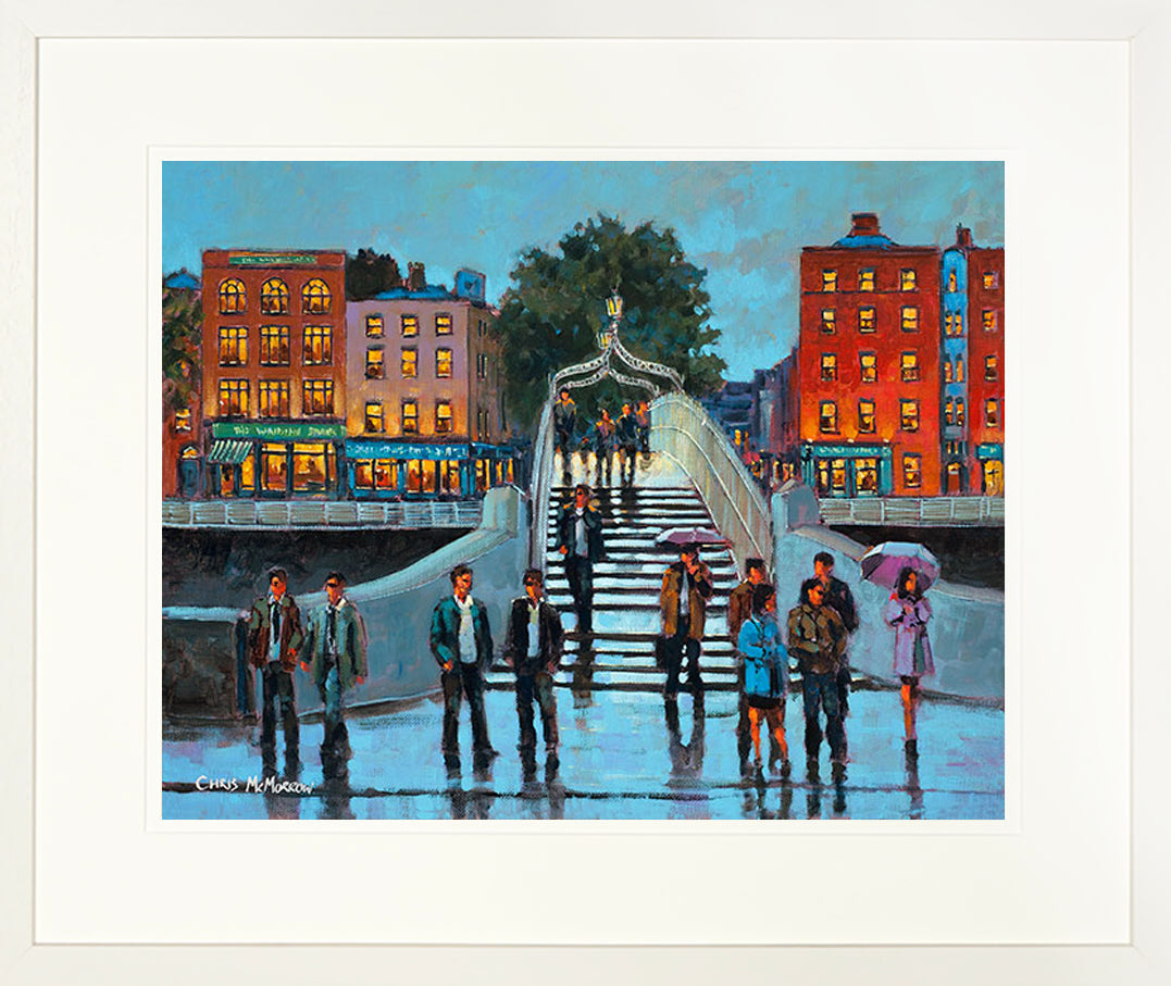 A framed print of a painting of a group of people at the crossing on Halfpenny Bridge, Dublin