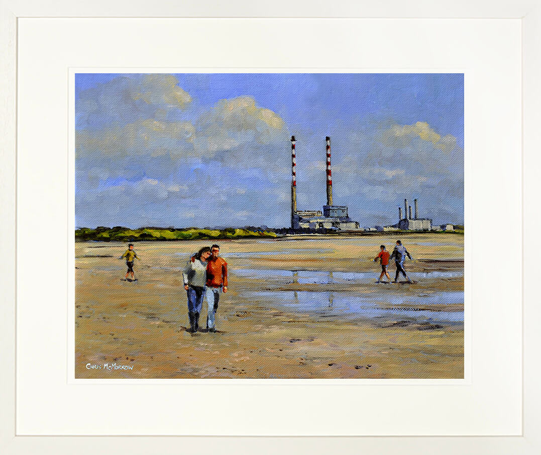 Framed print of a couple walking along the strand in Sandymount, Dublin