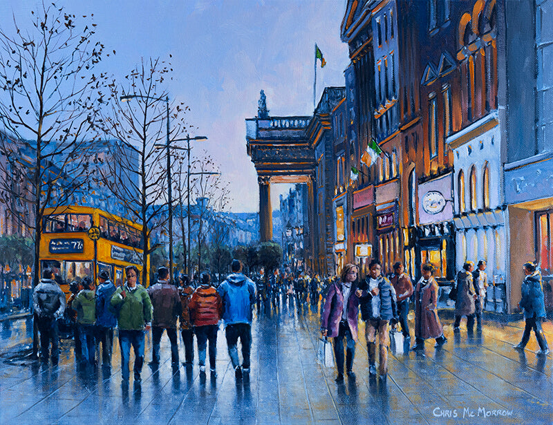 An oil painting of O'connell street Dublin in the evening