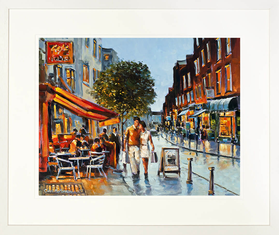 Framed print of a couple walking by a cafe on South william Street, Dublin