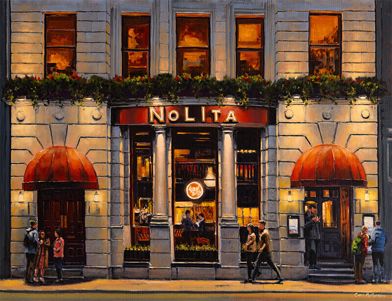 Painting of the art deco facade of Nolita Italian restaurant, Dublin