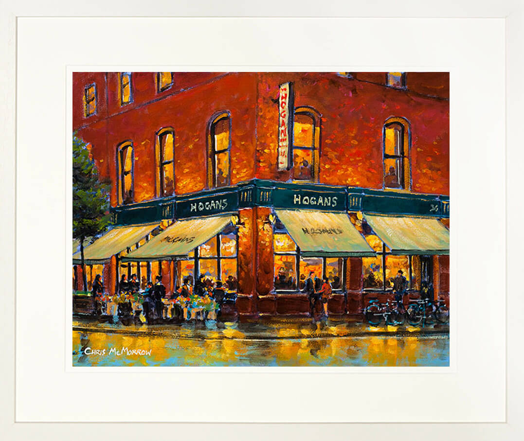 A framed print of a painting of Hogans Bar on South Great Georges Street in the city centre