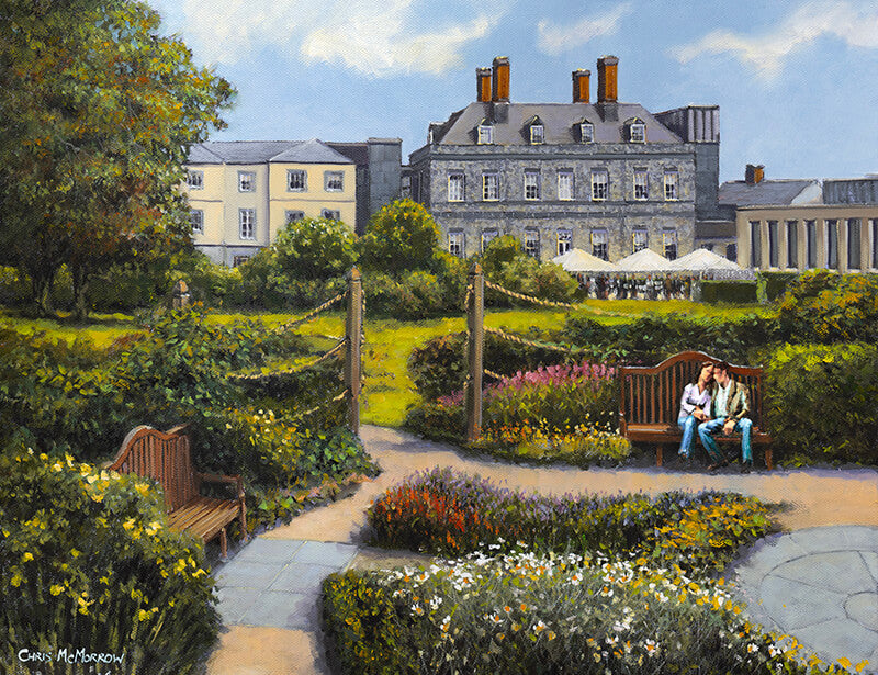 Print of couple on a bench in the grounds of Cashel PALACE