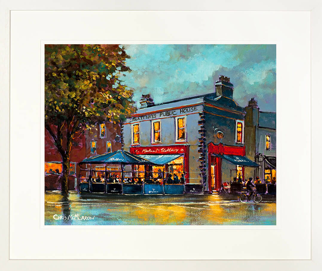 A framed print of a painting of a wide view of Slatterys Pub, near Beggars Bush, Dublin