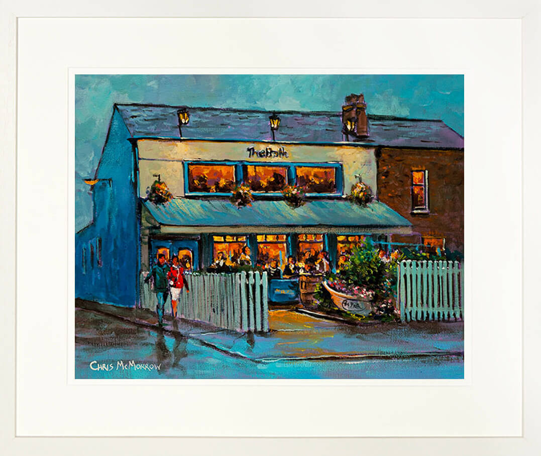 A framed print of a painting of the Bath Bar in a residential area of Sandymount