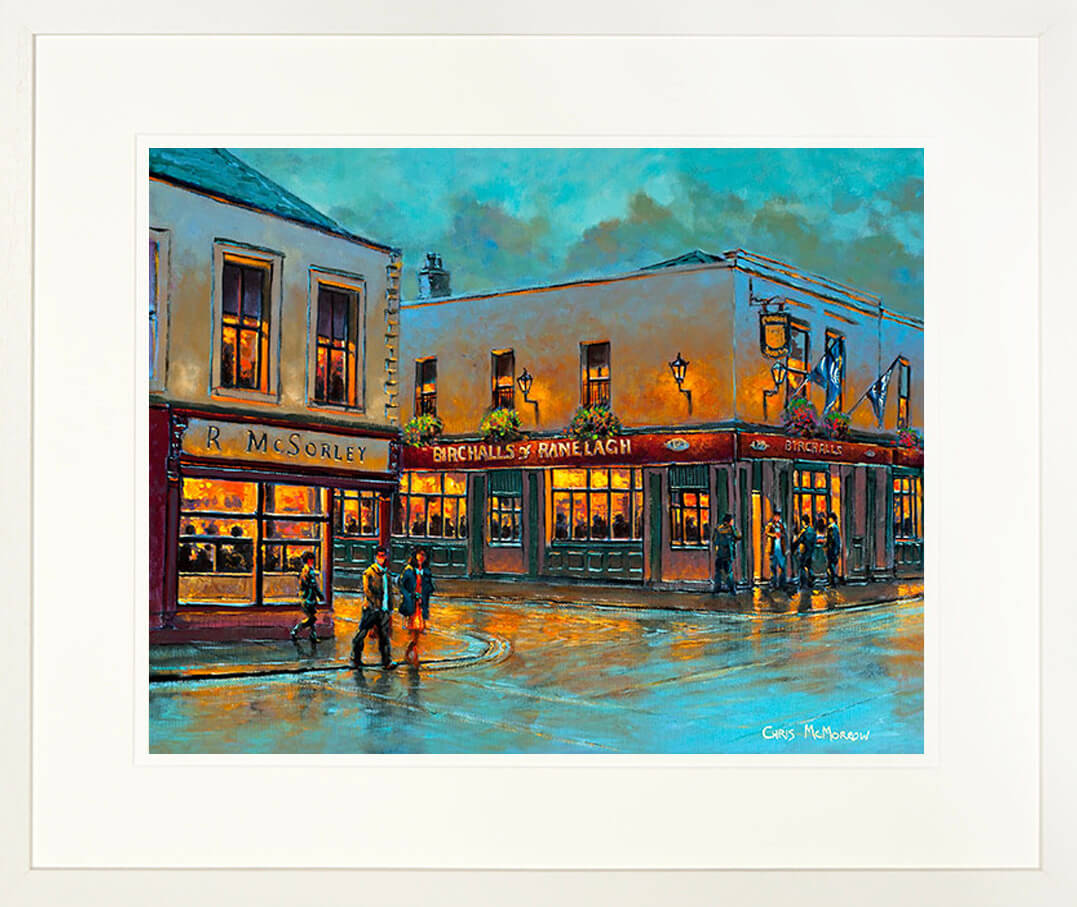 A framed print of a painting of the two pubs McSorleys and Birchalls found on the main street in Ranelagh village