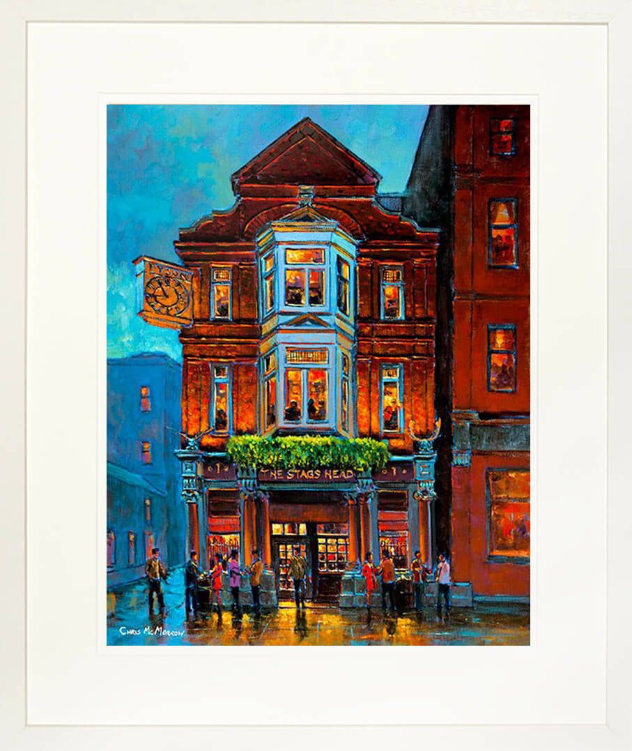 A framed print of a painting of The Stags Head Pub at the back of Dame Street, Dublin
