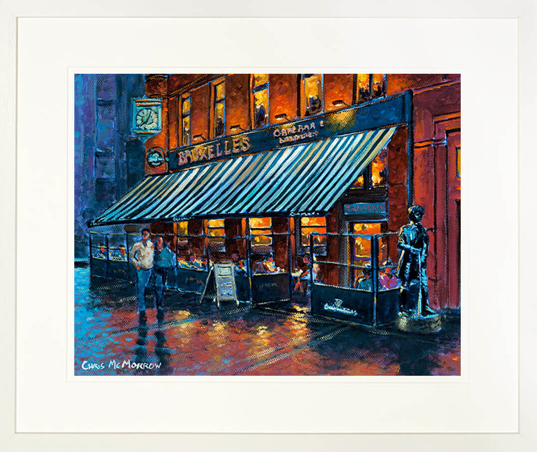 A framed print of a painting of Bruxelles Pub just off Grafton Street in citycentre Dublin