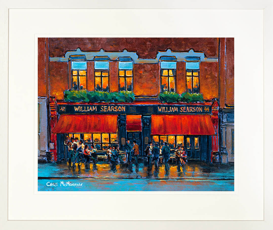 A framed print of a painting of the front of Searsons Public House on Baggot Street, Dublin