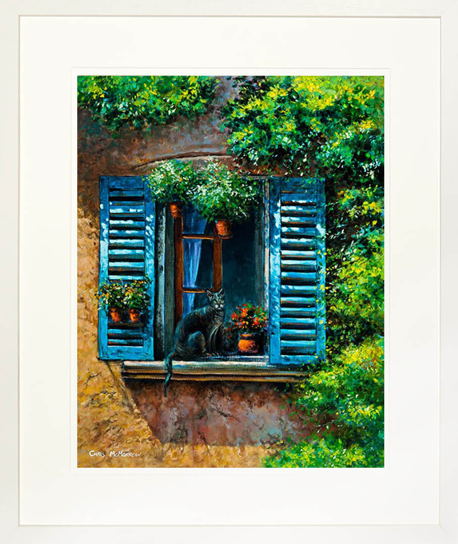 A framed print of a painting of a cat on a sunny window sill in the South of France