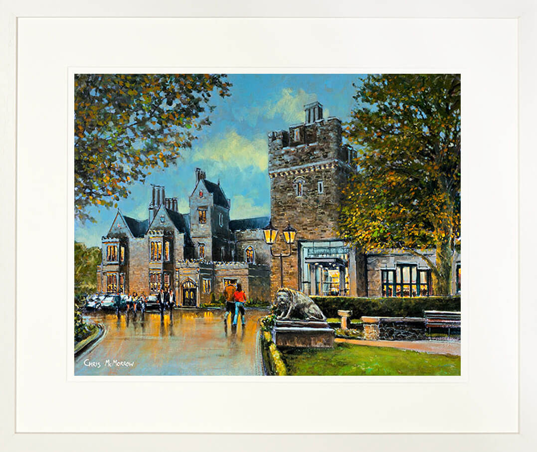 A framed print of a painting of the front façade of Clontarf Castle in the Dublin suburb of Clontarf
