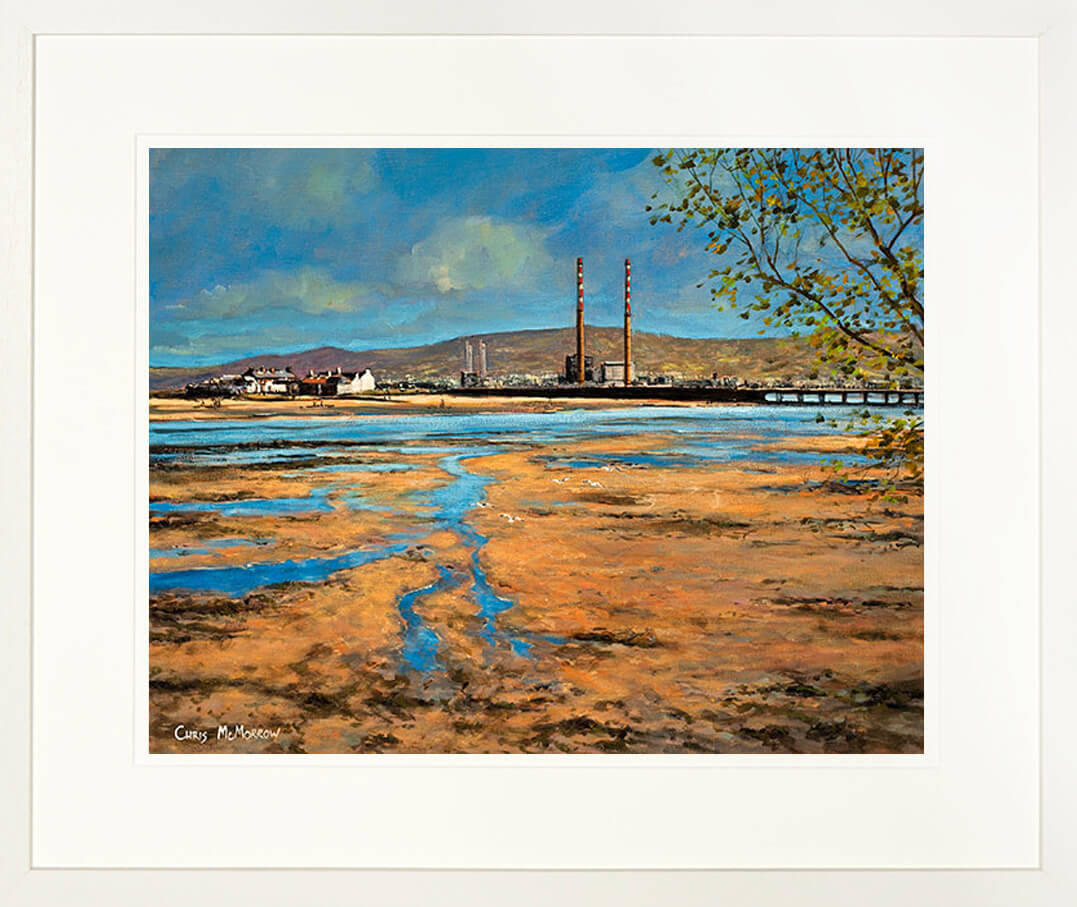 A framed print of a seascape painting with a view of Dublin Bay and the Blue Lagoon near Clontarf, Dublin
