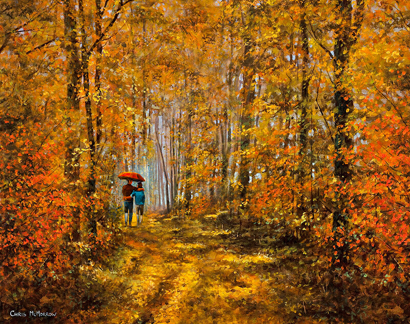 An oil painting of an autumn forest path with vibrant orange and yellow foliage, featuring two people walking under a red umbrella in the distance.