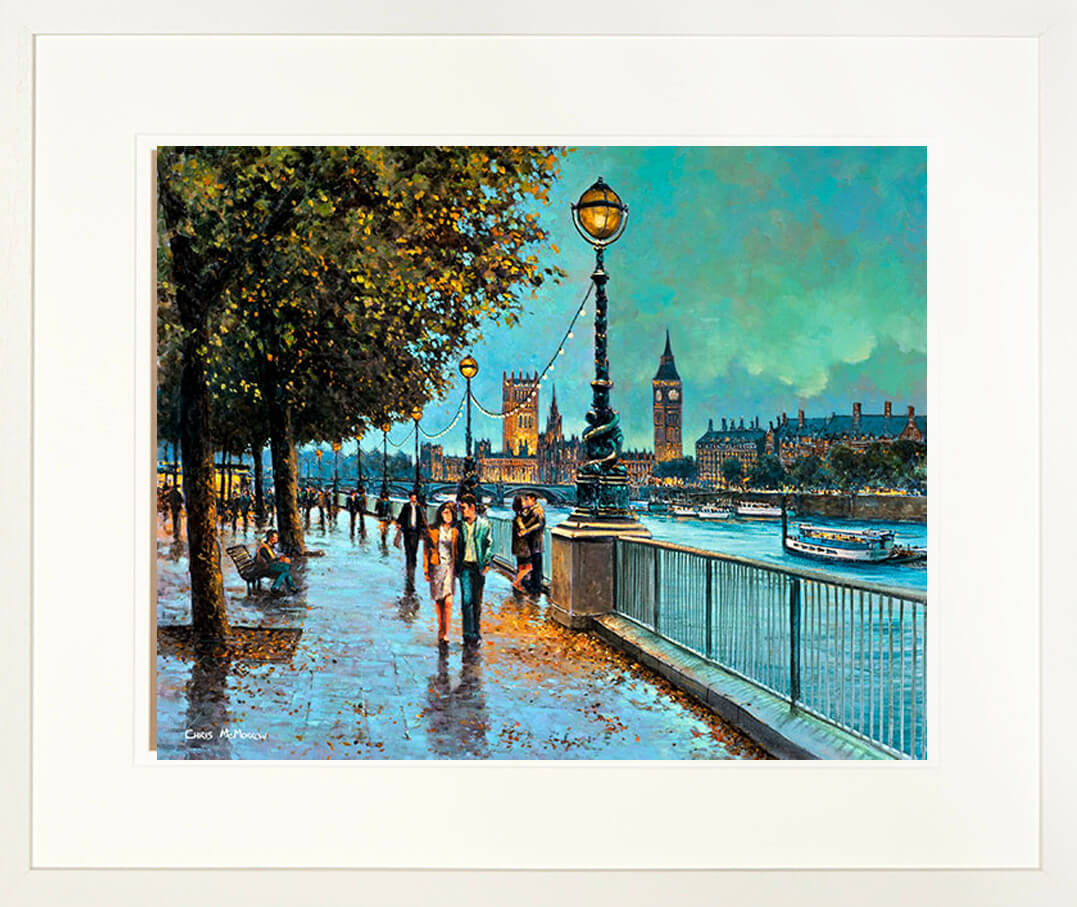 A framed print of a painting of a couple arm in arm walking along the promenade by the River Thames in London