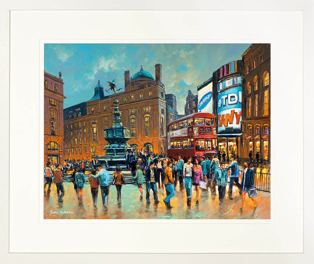 A framed print of a painting of the Eros Fountain at Piccadilly Circus, London, England