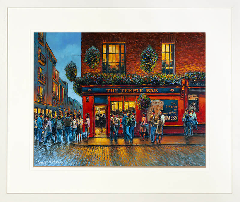 framed print of painting of outside temple bar dublin