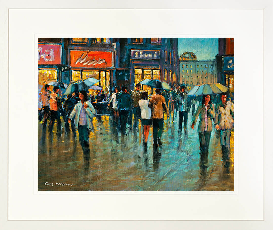 A print of a painting of Grafton Street framed in a cream frame