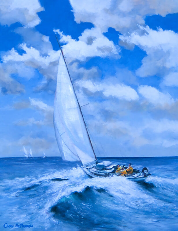 Oil painting of a Sailboat on choppy waters with a blue sky and clouds