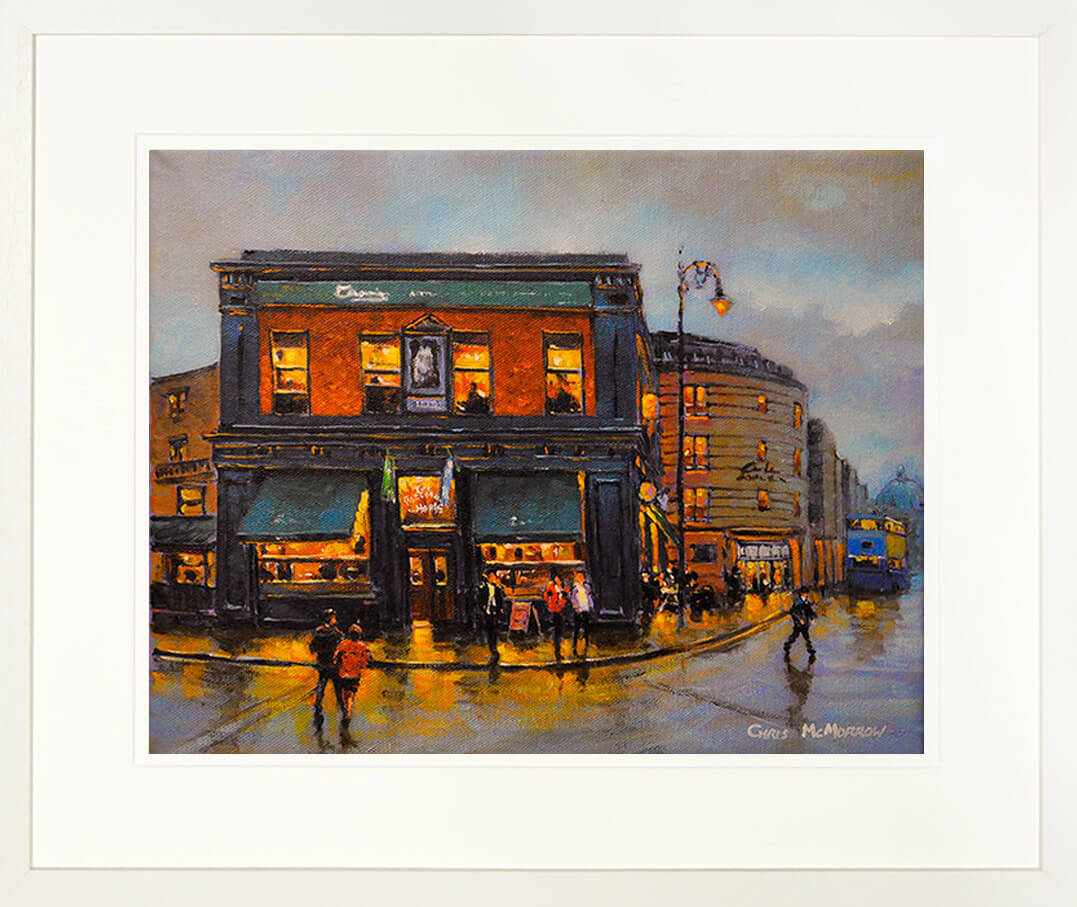A framed print of a painting of the Bleeding Horse Pub on Camden Street, Dublin