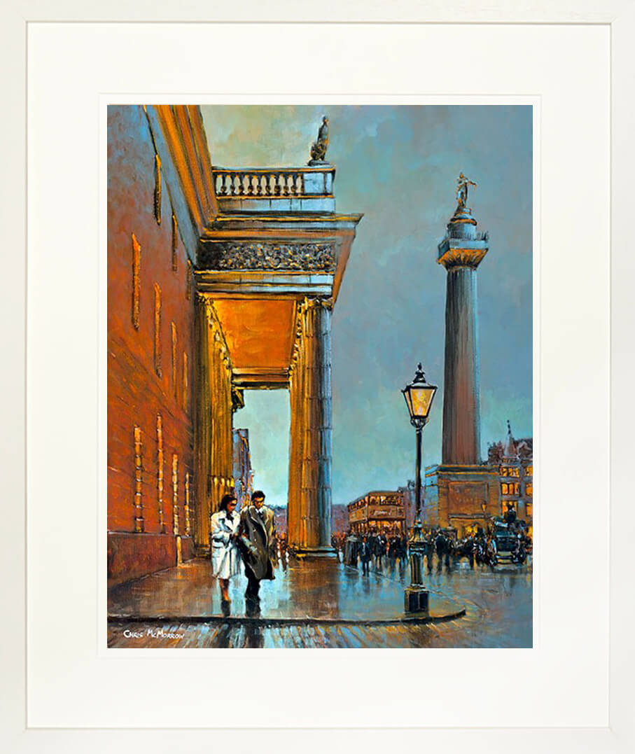 A framed print of a painting of a busy old O&#39;Connell Street, Dublin with Nelsons Pillar and the GPO