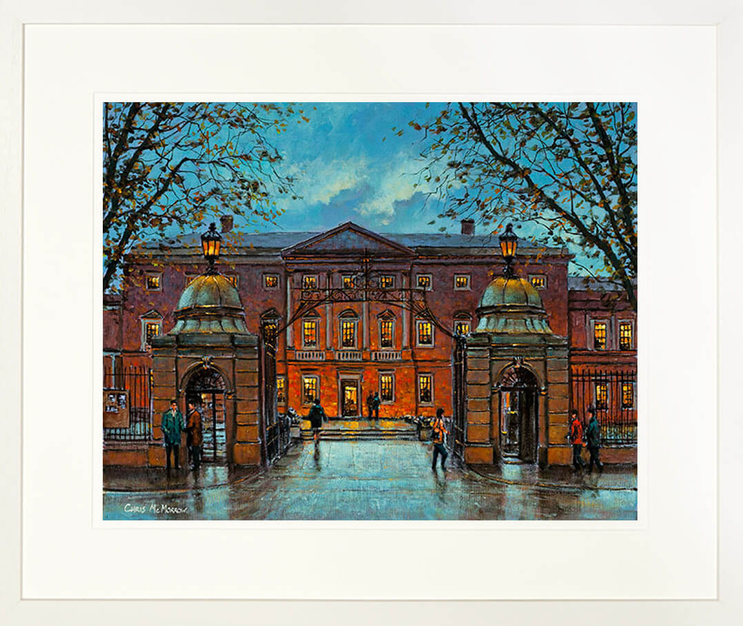 A framed print of a painting of the gates outside Dail Eireann, Leinster House, in Dublin&#39;s Kildare Street