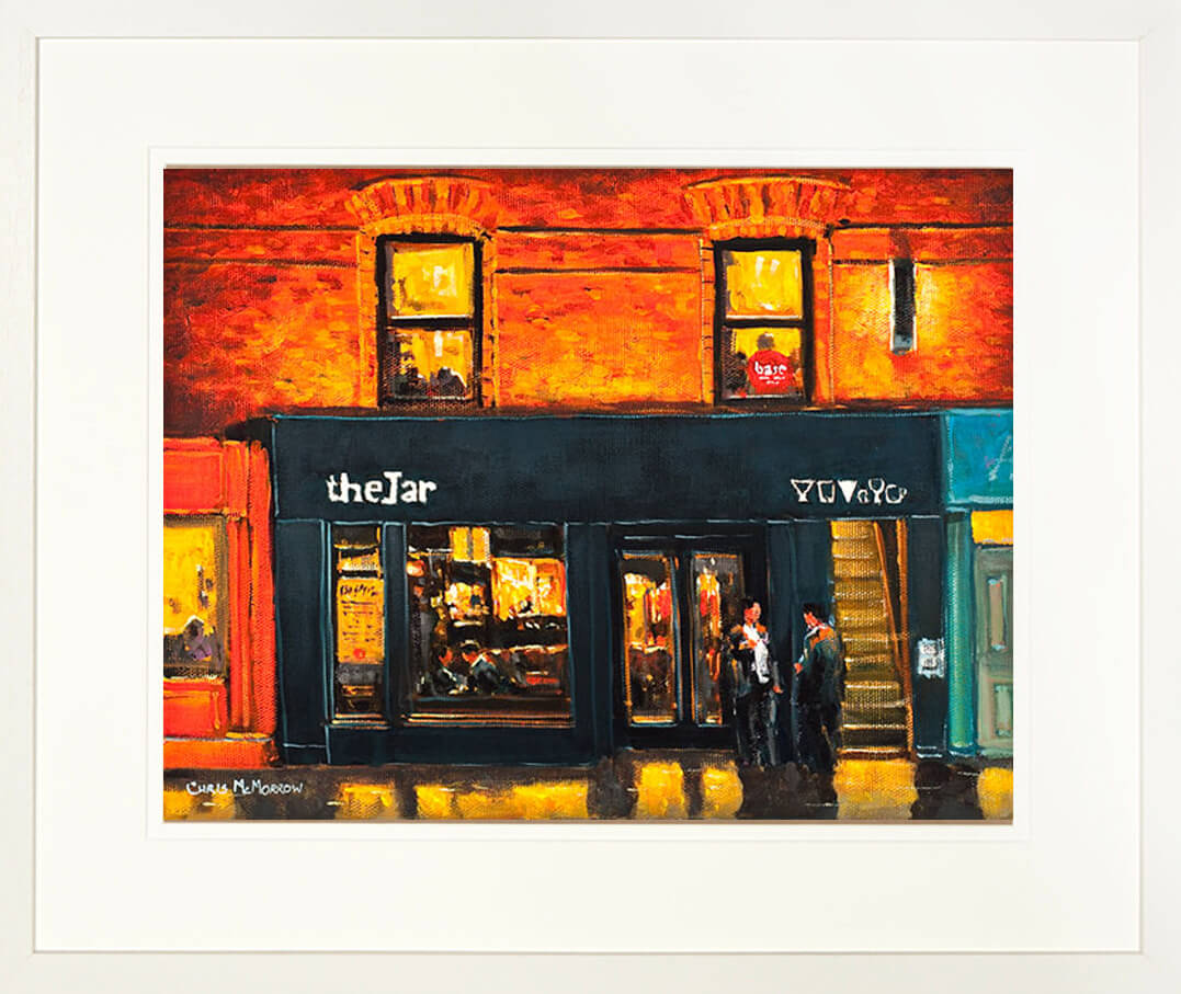 A framed print of a painting of The Jar Pub which is found on Camden Street/ Wexford Street, Dublin