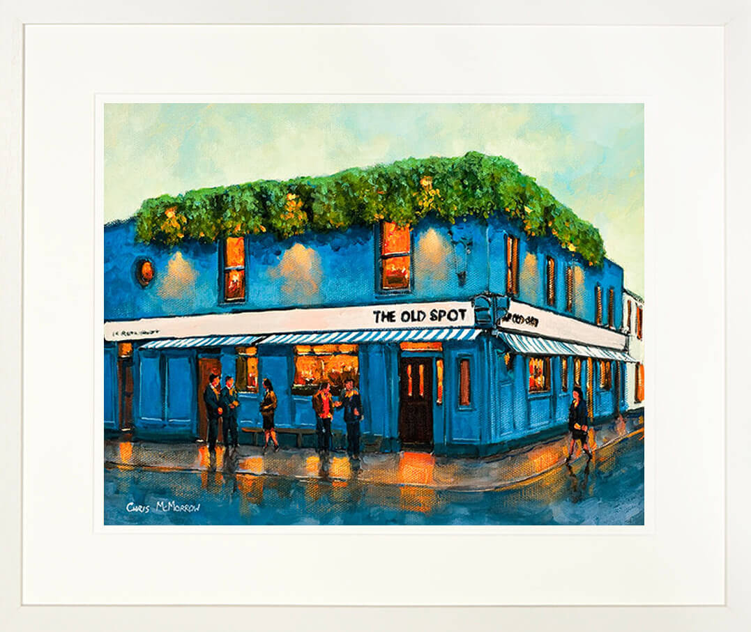 A framed print of a painting of outside the Old Spot Pub in Sandymount, Dublin