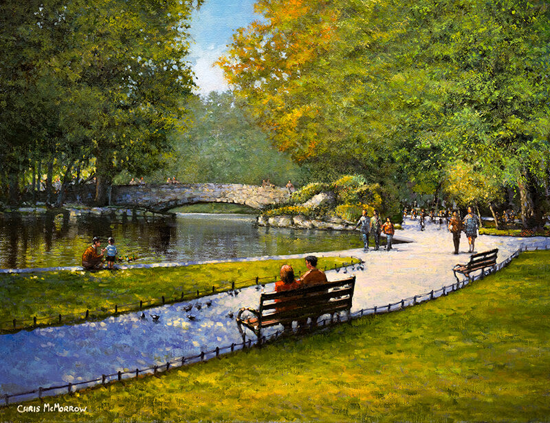 Painting of a couple sitting on a bench in the shade in Stephens Green, Dublin