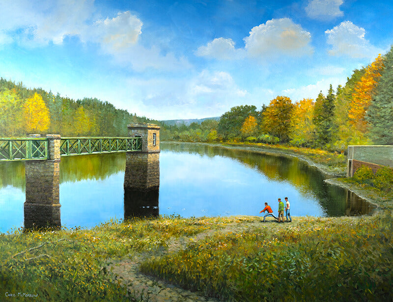 Painting of Teenagers skimming stones at the Bohernabreena reservoir