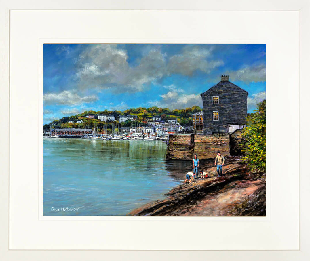 A print framed in a cream frame of a painting called Searching for Crabs, Kinsale, located in County Cork