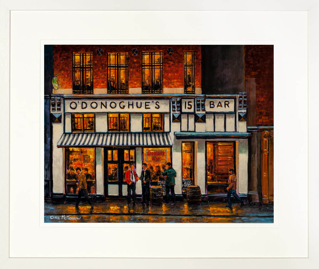A print of a painting titled O&#39;Donoghues Pub on Suffolk Street, Dublin, mounted in a cream framed