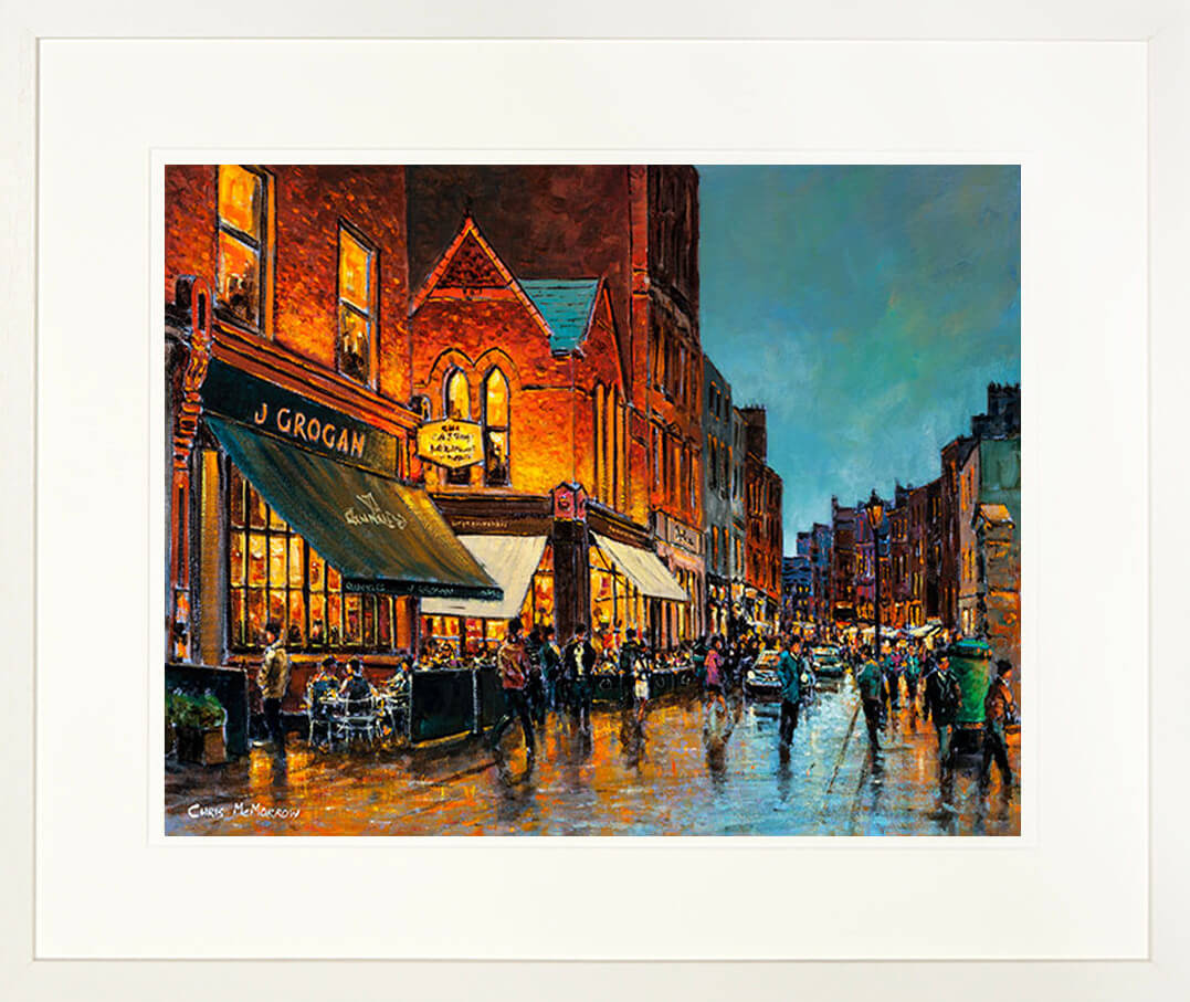 A framed limited edition print of a painting called Grogans and South William Street in Dublin city centre