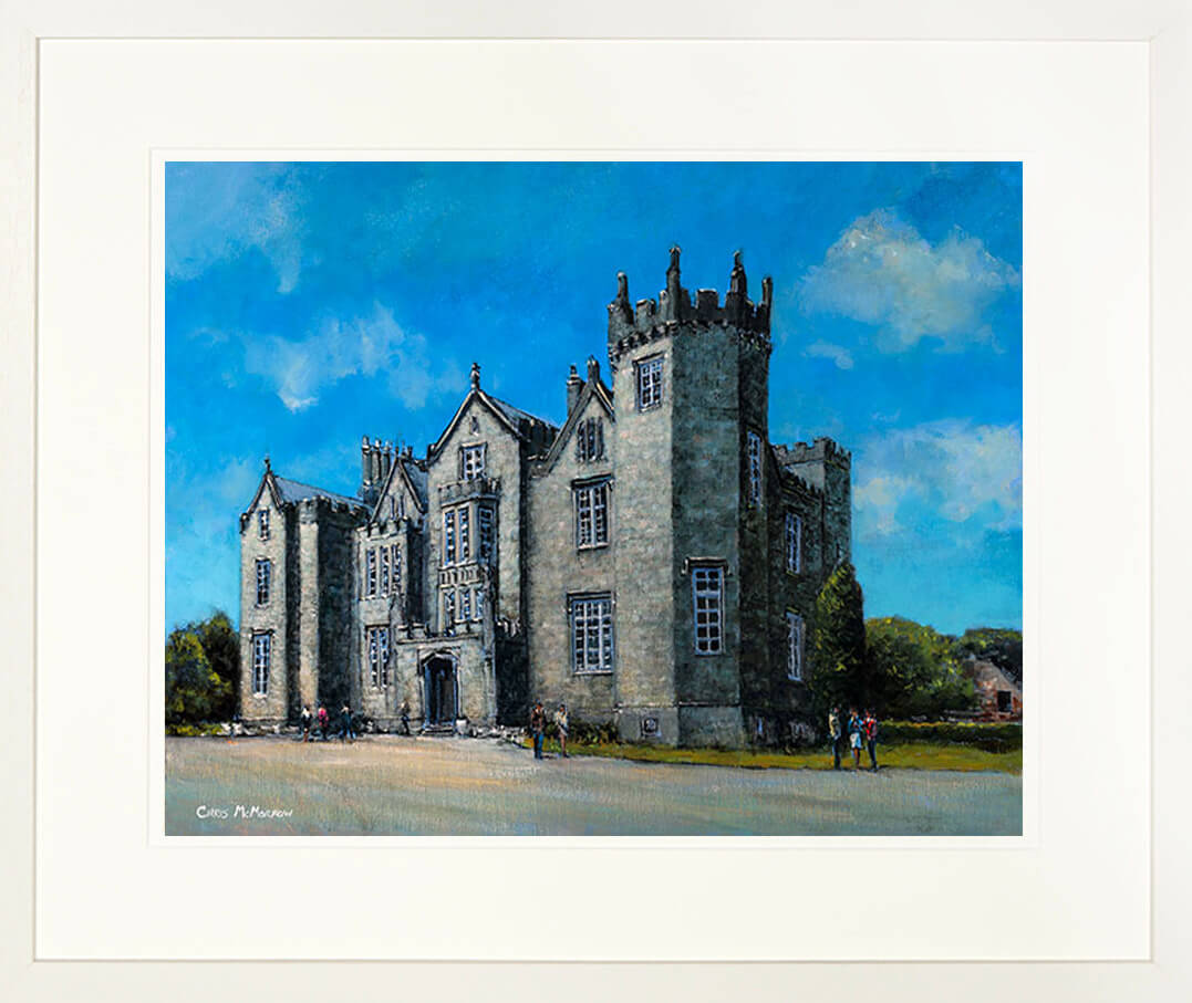 A print of a painting of Kinnitty Castle, Co Offaly, Ireland, framed and mounted in a cream frame
