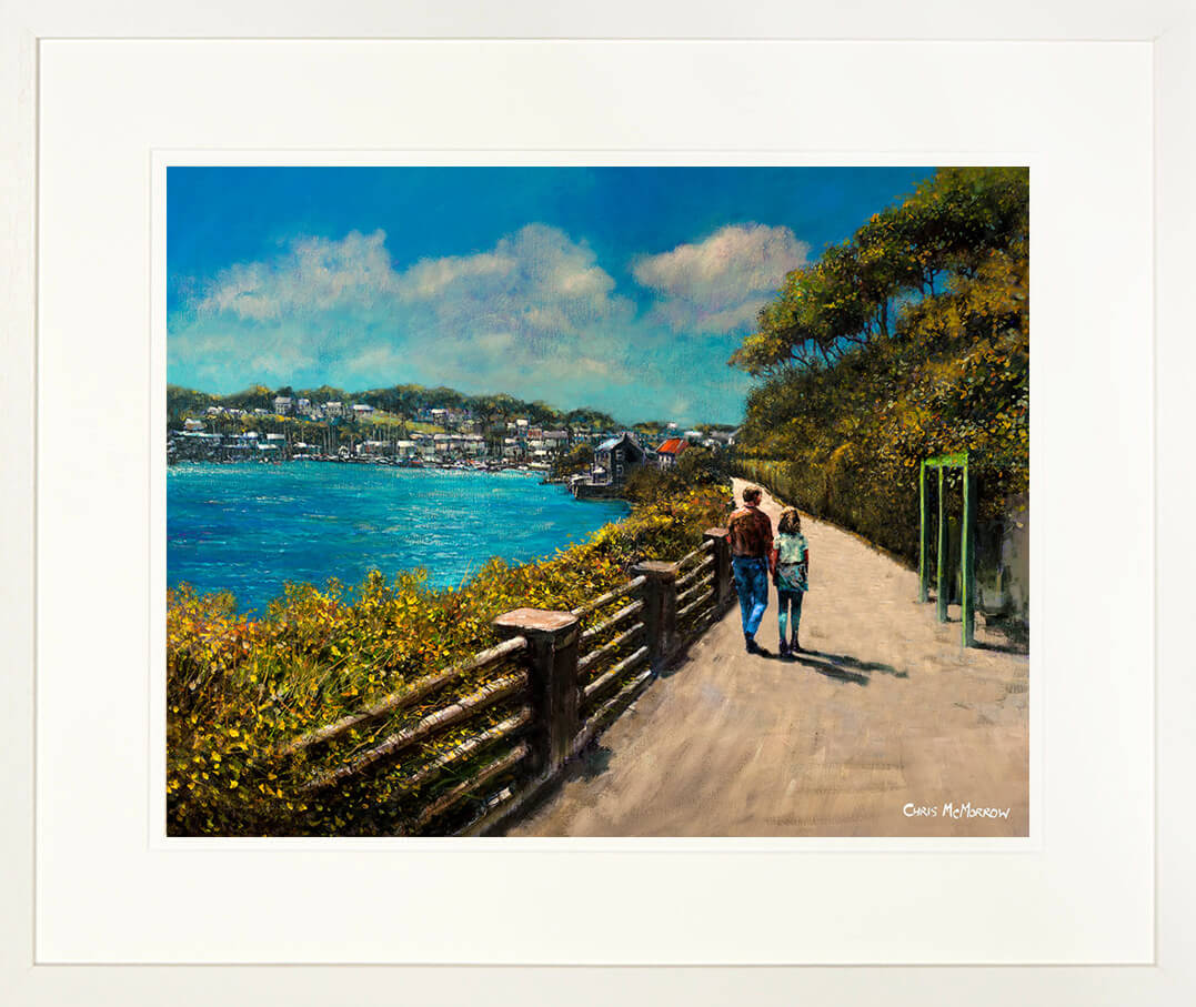 Framed print of a painting of a couple walking along the Scilly Walk on a sunny afternoon